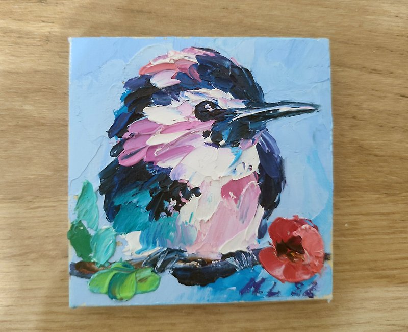 Hummingbird Painting Bird Original Art Bird Small Painting Birds Oil Artwork - 壁貼/牆壁裝飾 - 其他材質 粉紅色