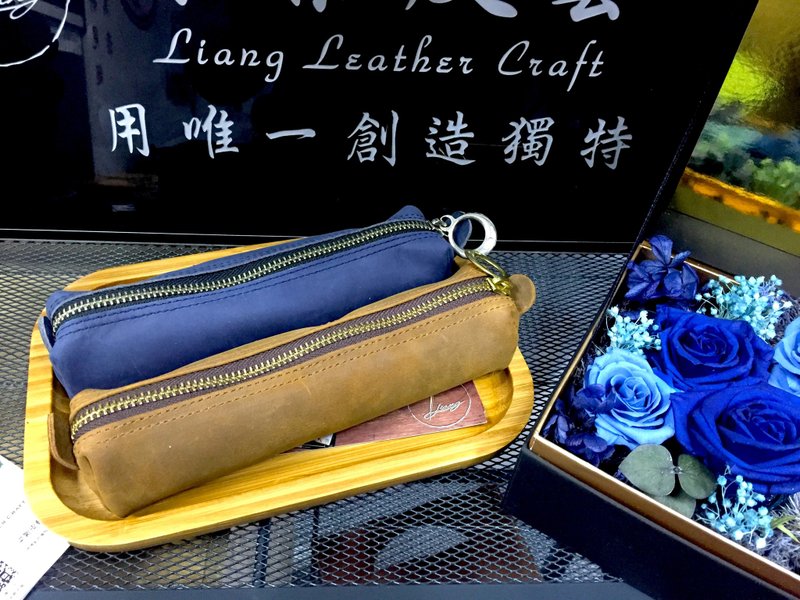 【梁絮皮藝】真皮筆袋/皮革鉛筆盒/全牛皮/手工製作 - 鉛筆盒/筆袋 - 真皮 咖啡色