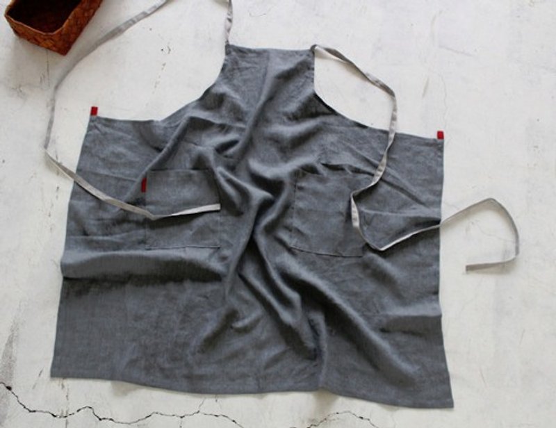 Lithuanian Linen unisex full apron sax blue shoulder strap back cloth - ผ้ากันเปื้อน - ผ้าฝ้าย/ผ้าลินิน 