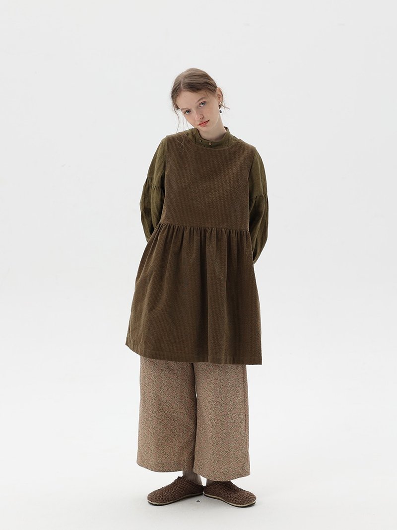 Seaweed green corduroy front and rear artistic retro two-wear dress - ชุดเดรส - ผ้าฝ้าย/ผ้าลินิน สีน้ำเงิน