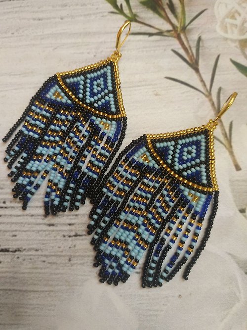 White Bird gallery of exquisite jewelry from Halyna Nalyvaiko Oversized large dangling statement earrings Geometric beaded aztec earrings