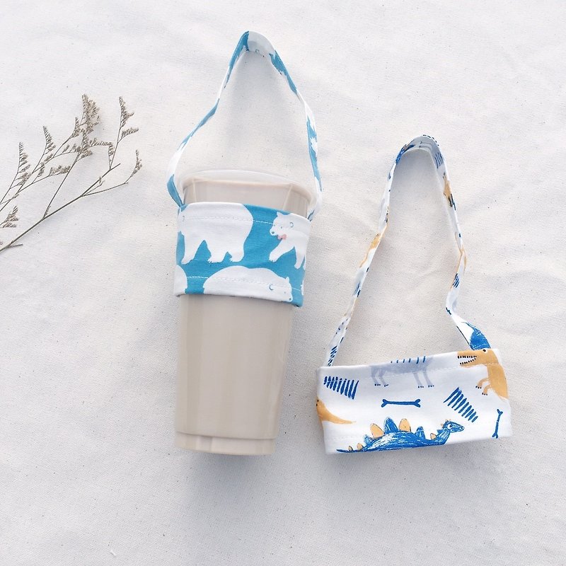 Hand-made beverage cup bag / dinosaur and polar bear - ถุงใส่กระติกนำ้ - ผ้าฝ้าย/ผ้าลินิน สีน้ำเงิน