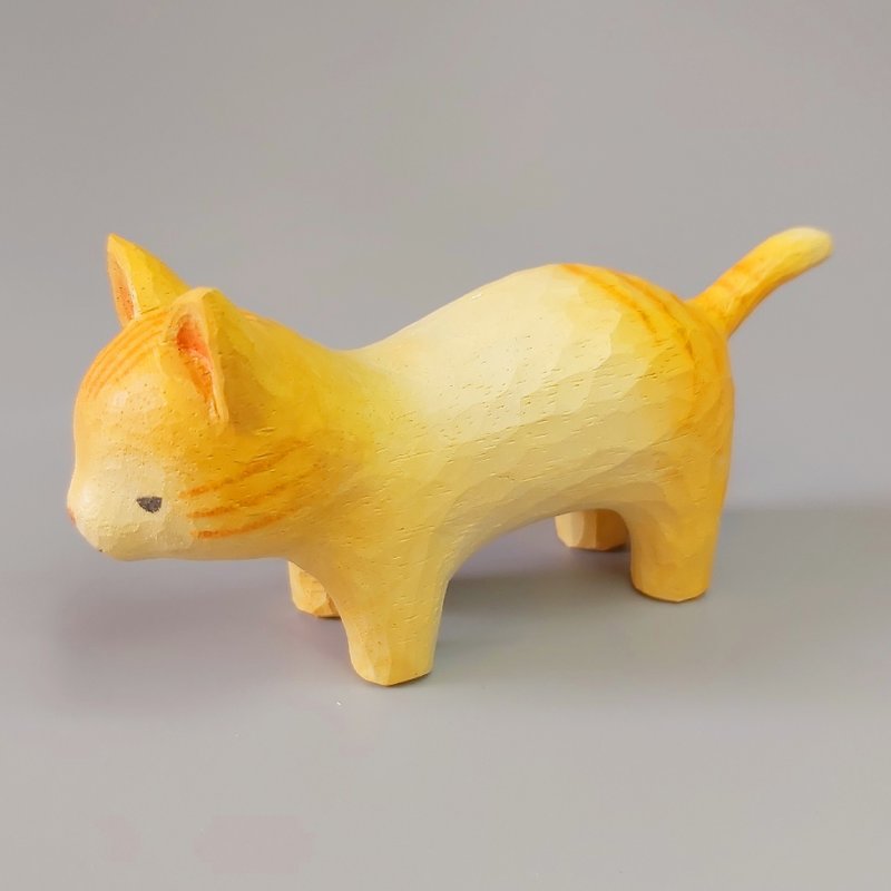 貓咪 木雕藝術品 - 公仔/玩偶 - 木頭 橘色