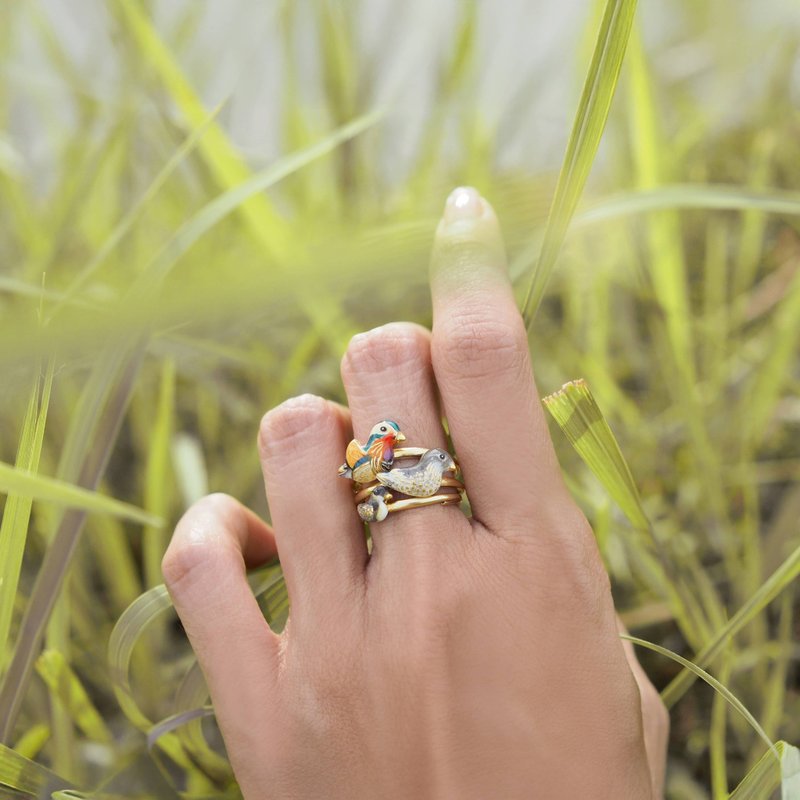 Mandarin duck family Stacking Rings, Happy Story, Cute Jewelry, Sterling Silver. - 戒指 - 純銀 金色