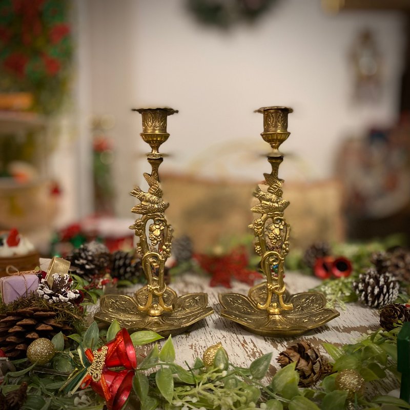 French Art Deco dining table Bronze floral bird ornament single hole candle holder pair - Candles & Candle Holders - Copper & Brass Gold