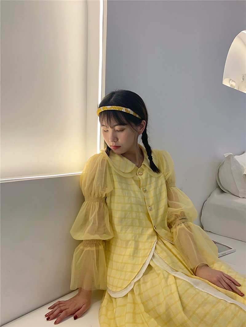 Yellow plaid stitching mesh doll collar flower bud sleeve short shirt summer light and loose - Women's Tops - Other Materials Yellow