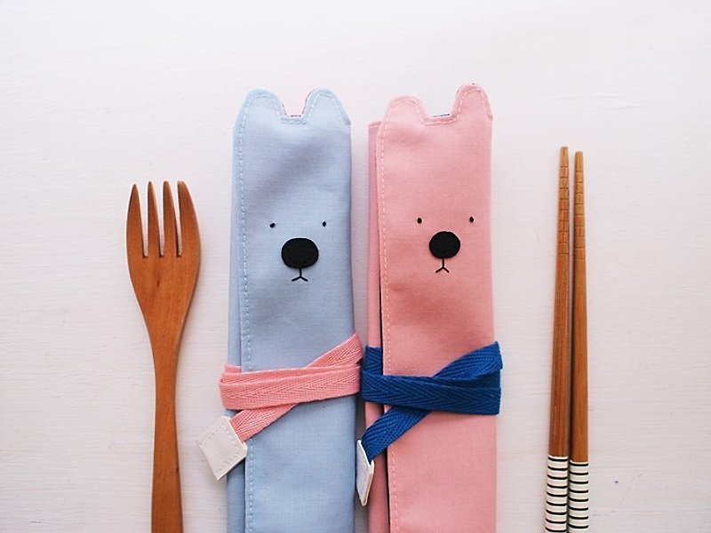 ヘアモ。ブラックのクマ箸セット/食器バッグ/ペンケース-3オレンジ - 箸・箸置き - 紙 ピンク