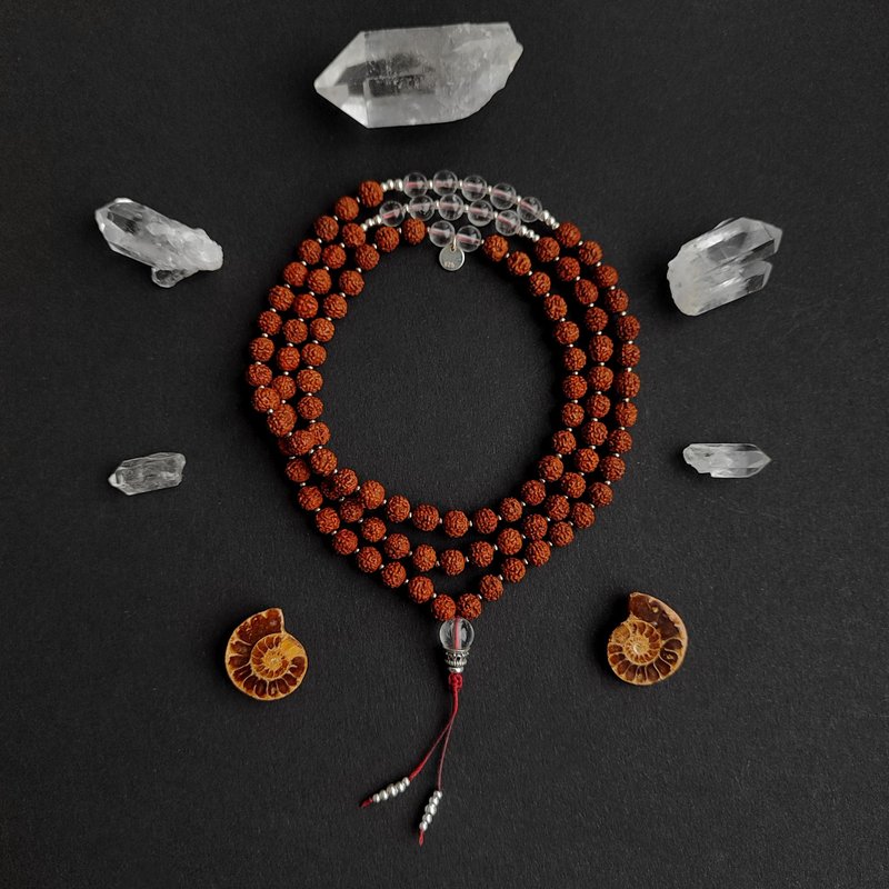 Japa Mala METTA Traditional Rudraksha and Quartz Meditation Necklace 108 beads - Long Necklaces - Semi-Precious Stones Brown