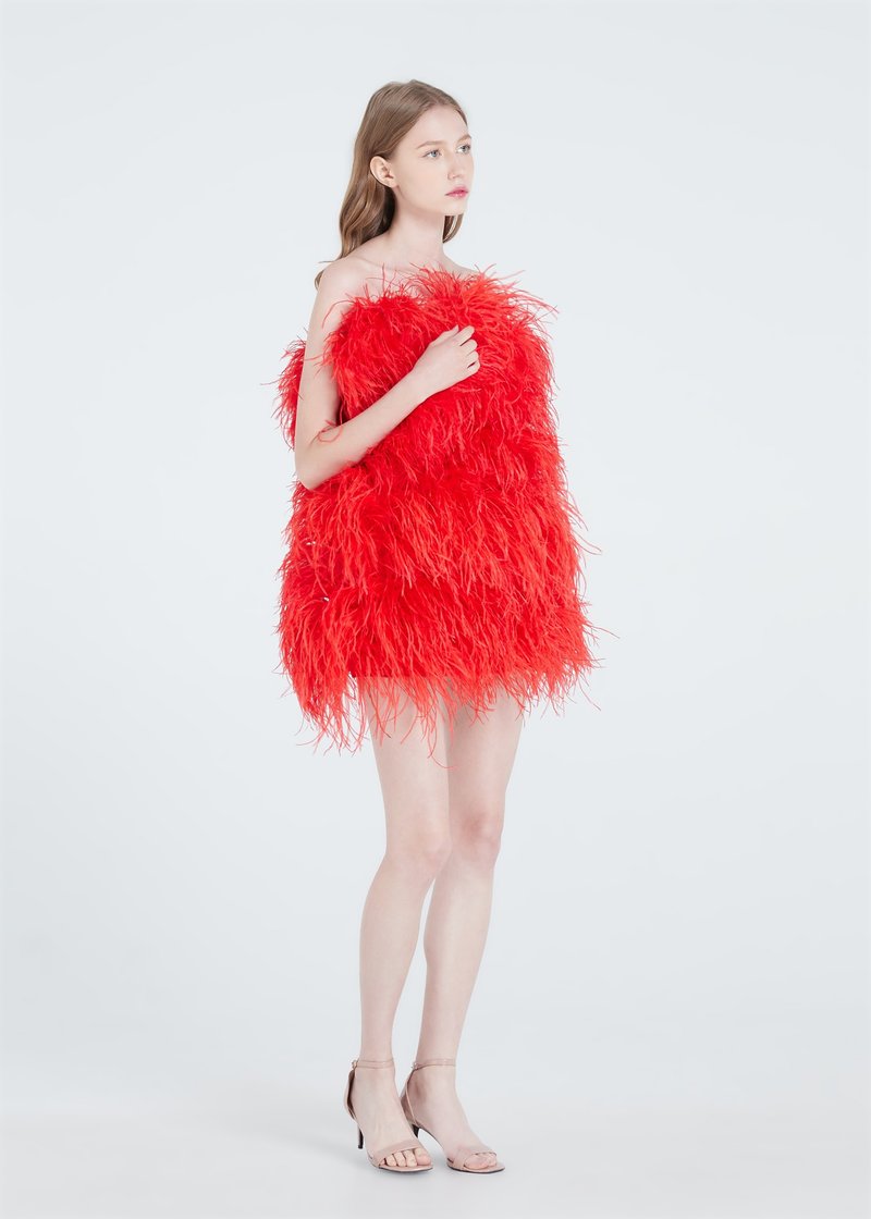 Aston red ostrich feather dress  for women Cocktail party dress - 洋裝/連身裙 - 羽絨 紅色