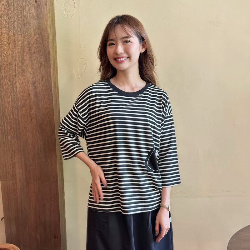 Hana Mokuba simple loose round neck striped T-shirt - Women's Tops - Other Materials 