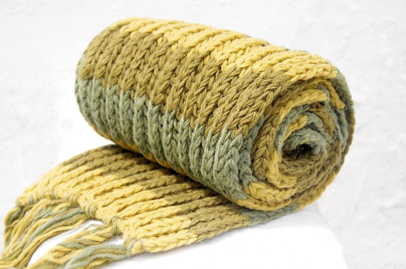 聖誕禮物 手織純羊毛圍巾 / 針織圍巾 / 手織條紋圍巾 (made in nepal) - 綠色草地條紋 - 絲巾 - 羊毛 綠色