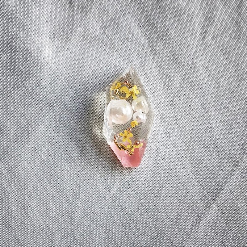 蕾絲花透明寶石耳環 - 粉紅色  (316耳針 / 螺旋式耳夾) - 耳環/耳夾/耳骨夾 - 樹脂 粉紅色