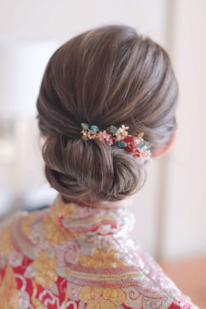 (綠葉粉晶)古典琉璃新娘頭飾Bridal Headpiece,中式頭飾(一套4件) - 髮夾/髮圈 - 玉石 紅色