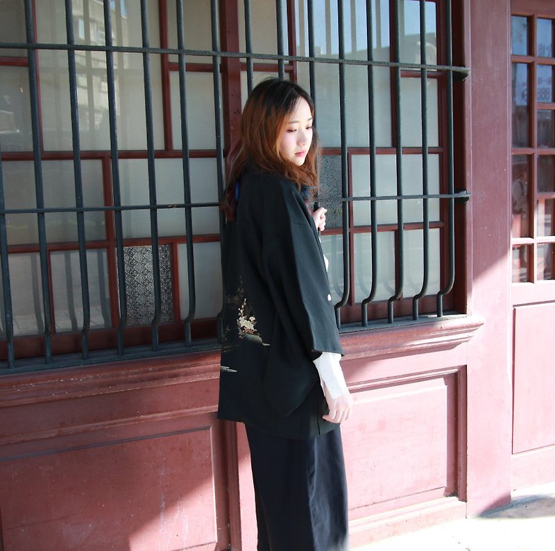 Back to Green :: Japanese kimono back-painted village trails // // vintage kimono (KI-09) - Women's Casual & Functional Jackets - Silk Black