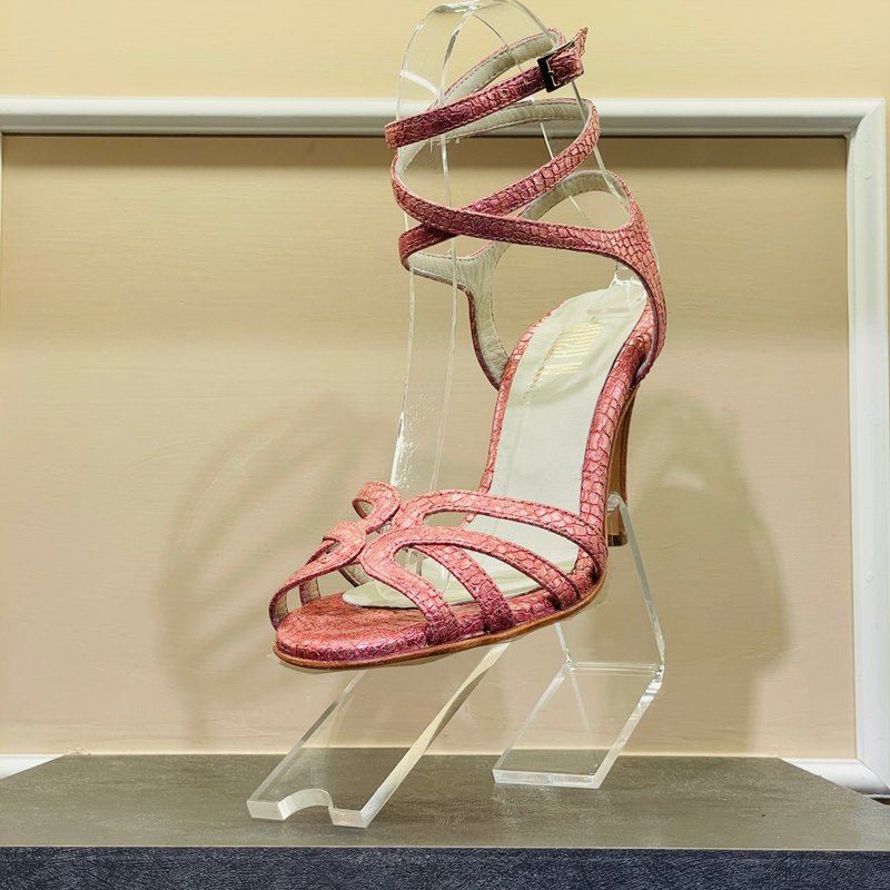 Barros pink snake print MM four-strap slingback high heels - รองเท้าส้นสูง - หนังแท้ สึชมพู