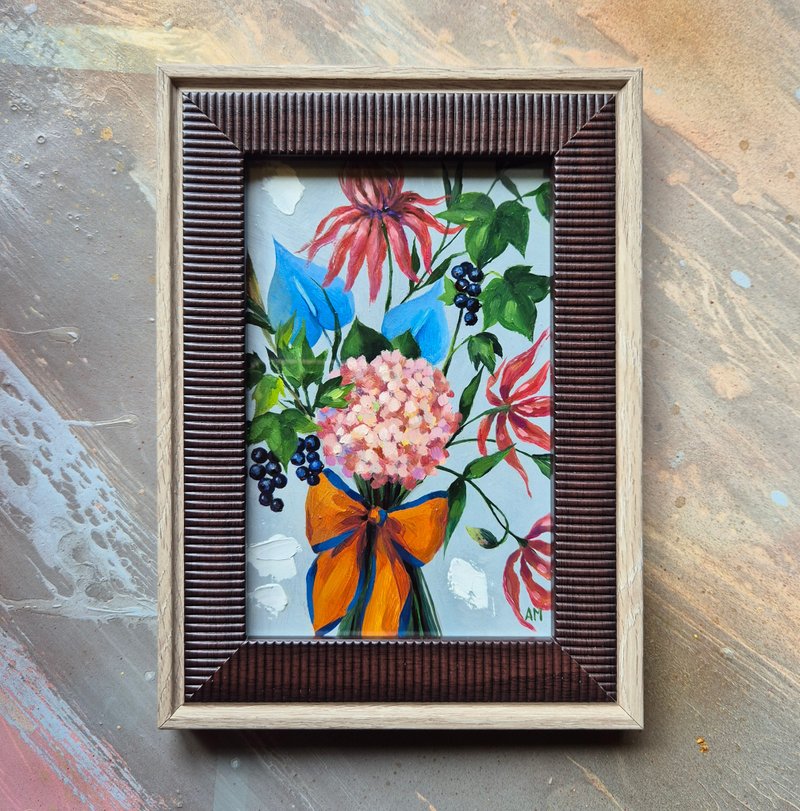 Small original cute bouquet of artwork hand painted oil painting framed _011 - 壁貼/牆壁裝飾 - 紙 多色