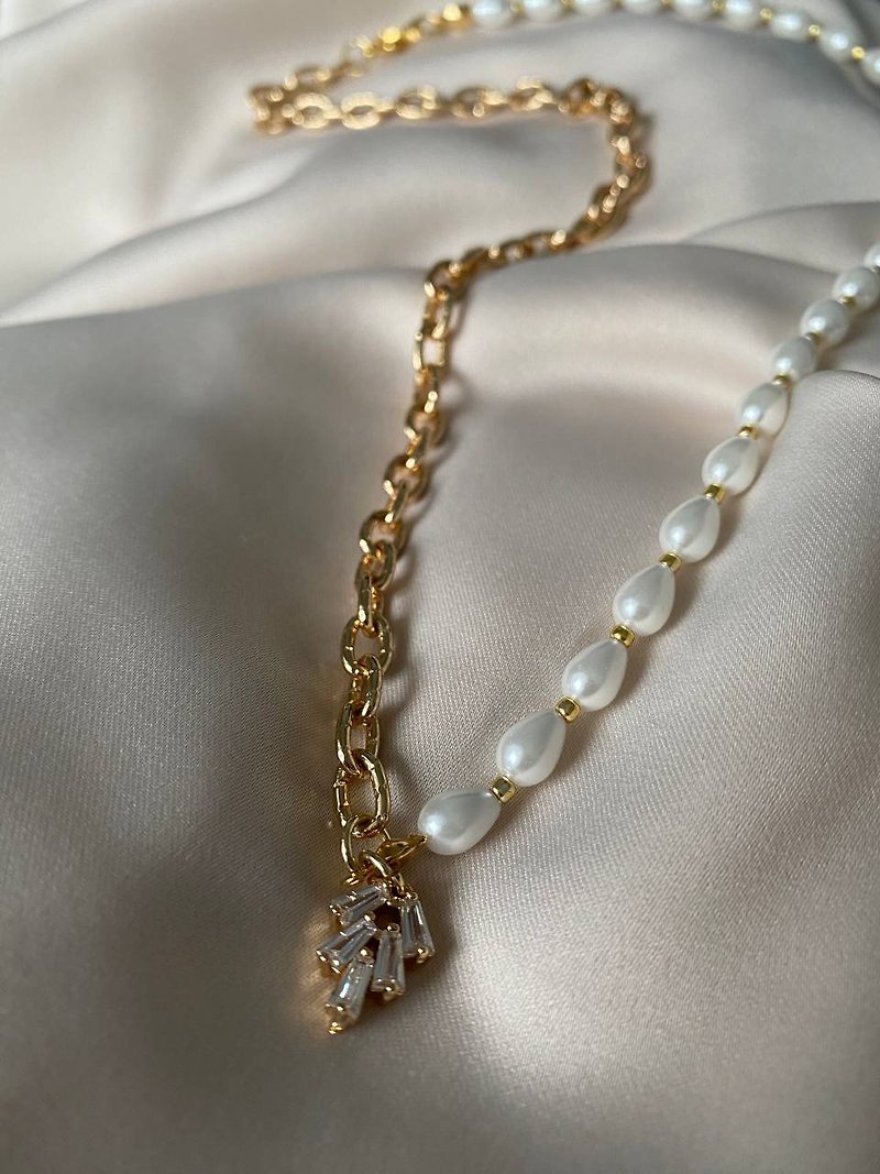 珍珠 項鍊 白色 - Pearl necklace, Pearl choker, Chain necklace, Chain choker