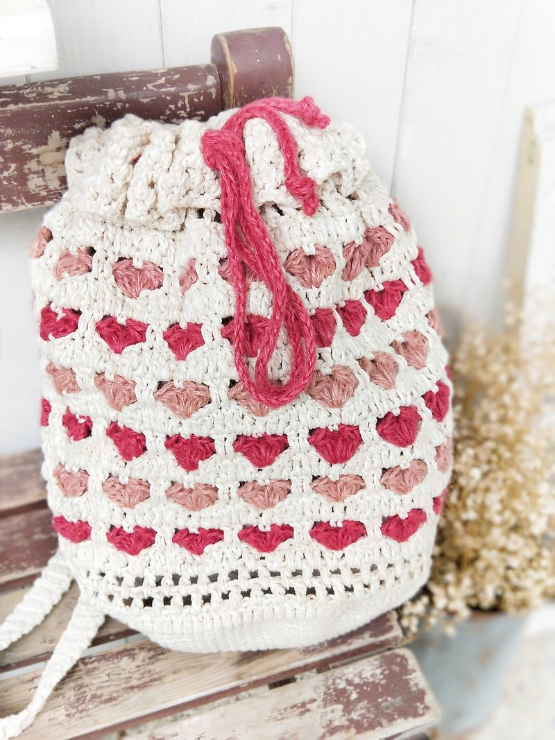 [Good day hand made] Valentine's Day girl burst heart love cotton and linen braided rope backpack (pink) - กระเป๋าเป้สะพายหลัง - ผ้าฝ้าย/ผ้าลินิน สึชมพู