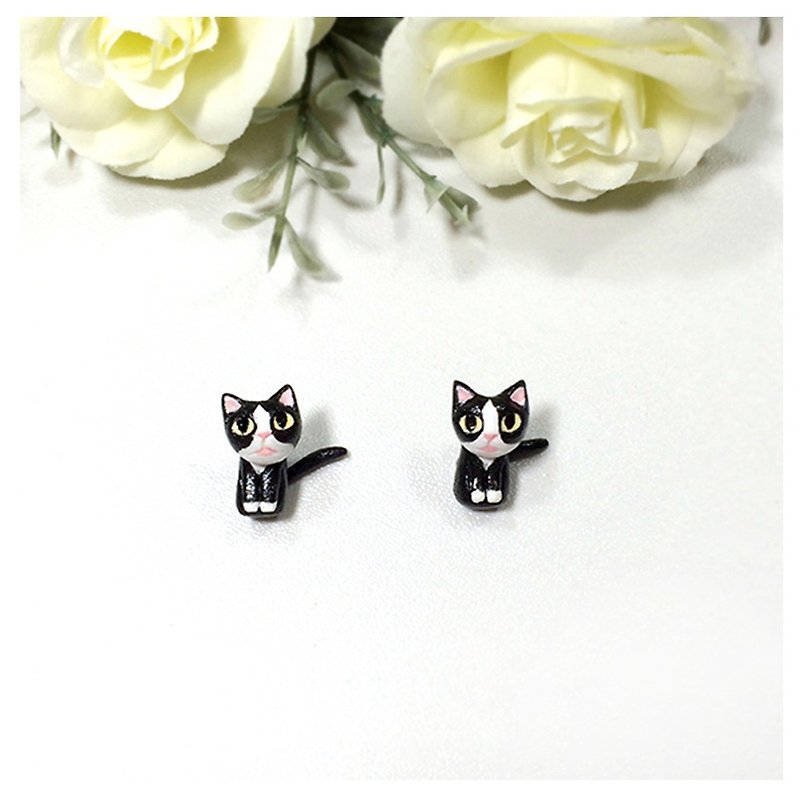 Tuxedo Cat Earrings, Gauge & Plug Earrings, Two Piece Earrings - ต่างหู - ดินเหนียว สีดำ