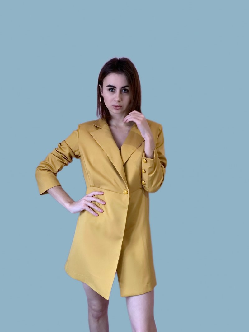 Long Blazer / Double breasted Mini Dress/ Women Yellow Blazer Dress - 洋裝/連身裙 - 其他材質 橘色