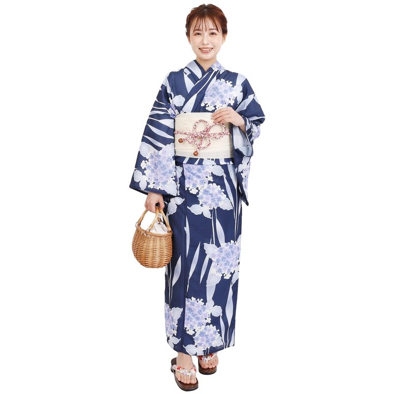 日本 和服 聚酯纖維 梭織 女性 浴衣 腰帶 2件組 F Size X41-02C - 其他 - 聚酯纖維 藍色