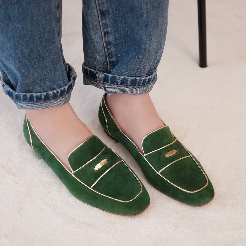 Lucky Lucky Shoes! Gold piping feather loafers green full leather MIT-Tokiwa color - รองเท้าอ็อกฟอร์ดผู้หญิง - หนังแท้ สีเขียว