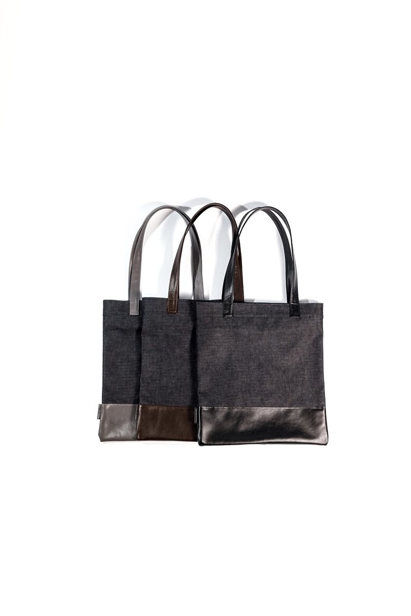dd tote: raw denim x leather tote in black (with zipper) - Handbags & Totes - Genuine Leather Black