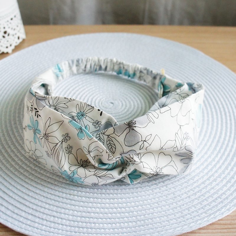 Lovely【Beauty Flower Butterfly Hair Elastic Ribbon and Hair Band】Light Blue Grey E - Hair Accessories - Cotton & Hemp White