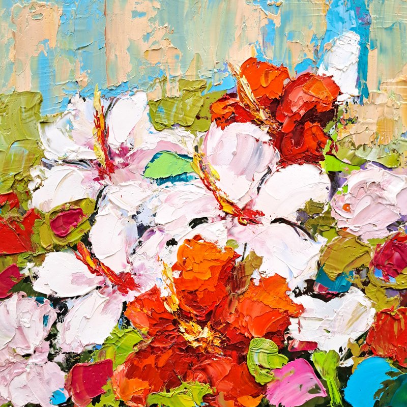 Hibiscus Oil Painting Flowers Original Art Floral Impasto Artwork Wall Art - ตกแต่งผนัง - วัสดุอื่นๆ หลากหลายสี