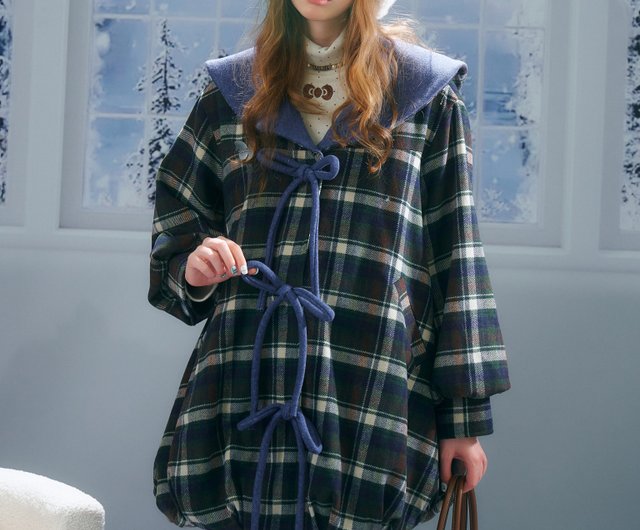 ziziFei 秋冬 タータンチェック柄 ミディ丈 ウールコート ダークブルー