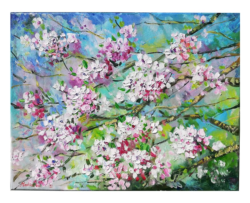 Blossom cherry oil painting on canvas Blossom tree wall art Spring garden artwor - Wall Décor - Other Materials Multicolor
