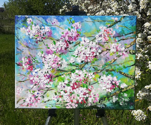 キャンバスに花桜の油絵花の木の壁の芸術春の庭のartwor - ショップ ...