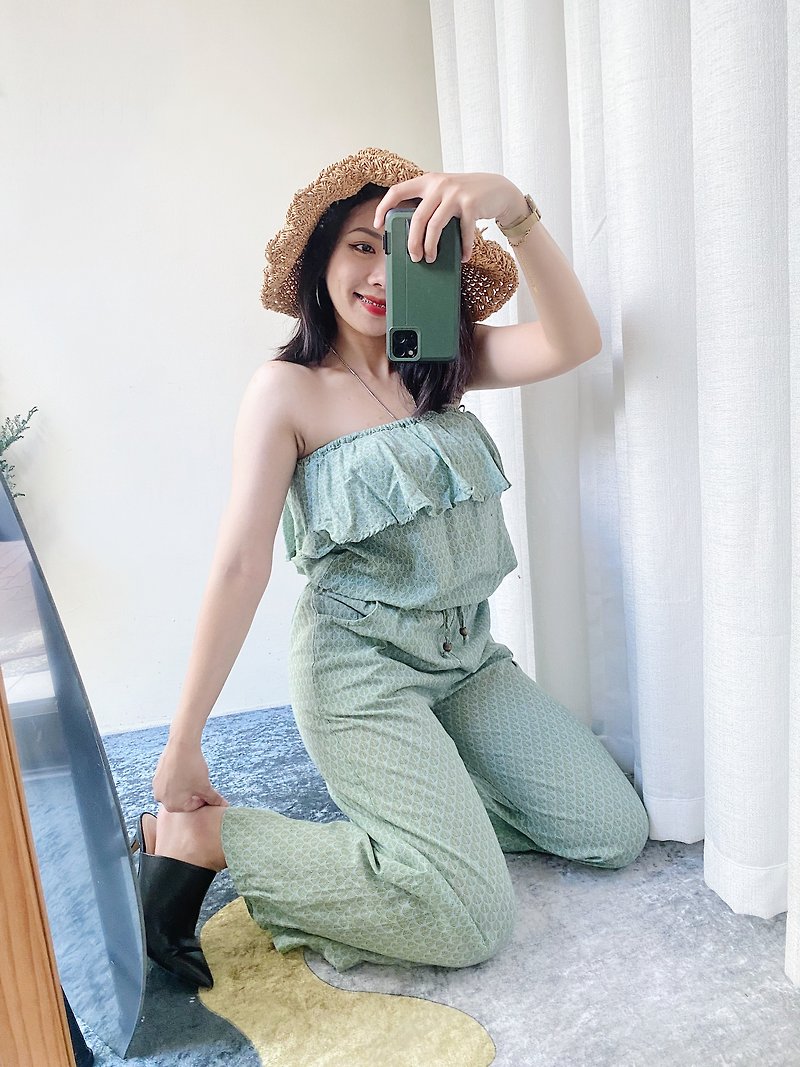 Osaka tender green lucky grass leaf forest outing fun antique cotton flat drawstring jumpsuit vintage - Overalls & Jumpsuits - Cotton & Hemp Green