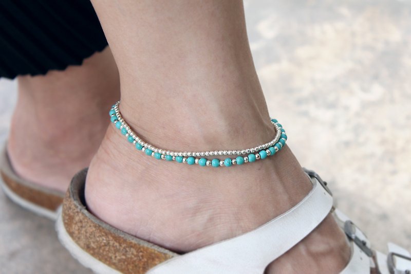 Beaded Anklets Stone Turquoise Woven Anklets Silver Simple Hippy Bohemian - กำไลข้อเท้า - ทองแดงทองเหลือง สีน้ำเงิน
