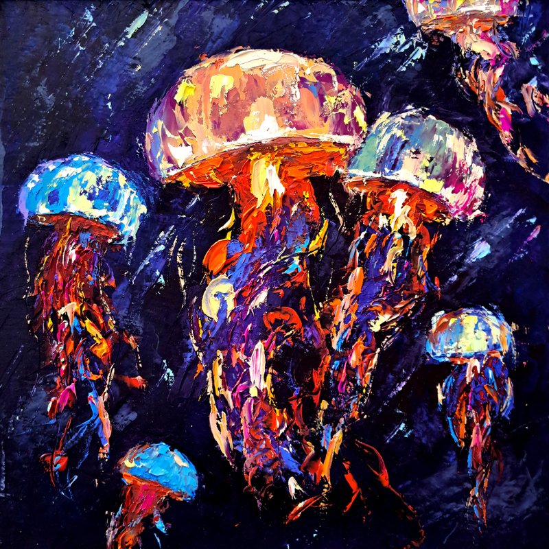 Jellyfish Painting Fish Original Art Animals Impasto Wall Art Decor Gift for Him - 壁貼/牆壁裝飾 - 其他材質 多色