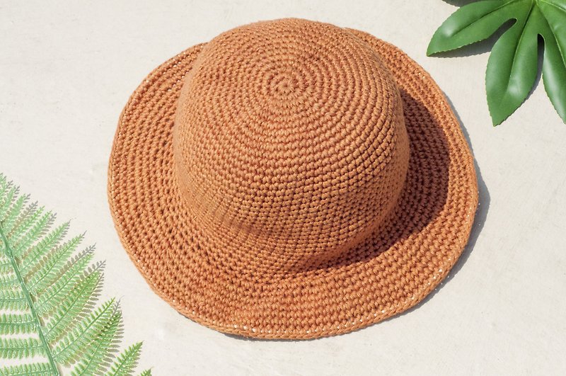 Crocheted cotton hat hand-woven Linen hat hat hat straw hat straw hat - summer orange flavor coffee - หมวก - ผ้าฝ้าย/ผ้าลินิน สีส้ม
