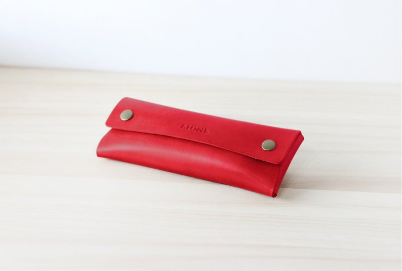 Spring Button Leather Pencil Case | Red - กล่องดินสอ/ถุงดินสอ - หนังแท้ สีแดง