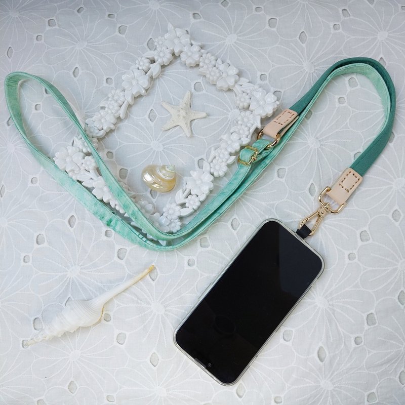 Three-in-one multi-functional lake green watercolor smudged Korean cotton cloth mobile phone oblique strap / oblique strap / back rope / - เชือก/สายคล้อง - ผ้าฝ้าย/ผ้าลินิน สีเขียว