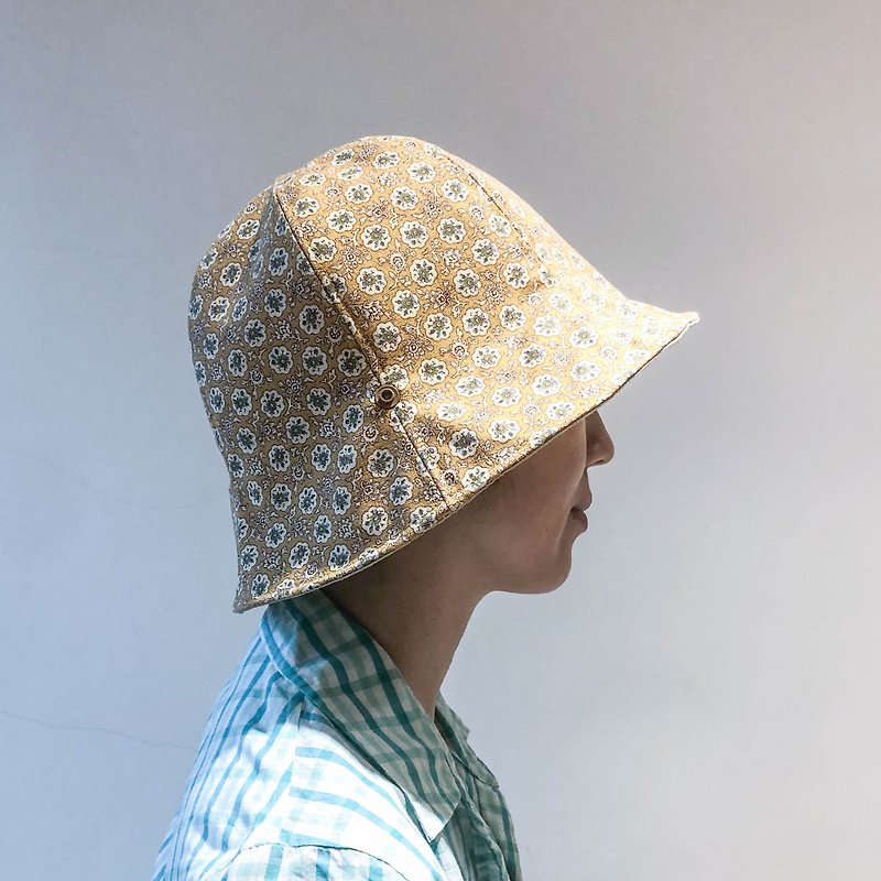 Double-sided bucket hat - yellow floral - to order, please provide your head circumference and read the ordering instructions in detail - Hats & Caps - Cotton & Hemp Khaki