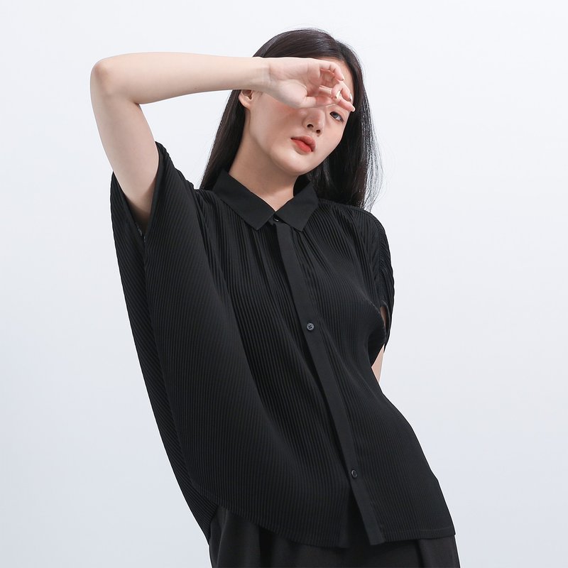 Yingluo_Yingluo full pleated shirt_CLT019_black - Women's Tops - Polyester Black