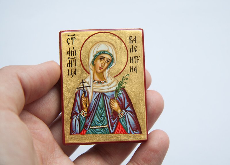 hand painted orthodox wood icon Saint Holy Martyr Valentina Religious pocket art - 其他 - 木頭 金色