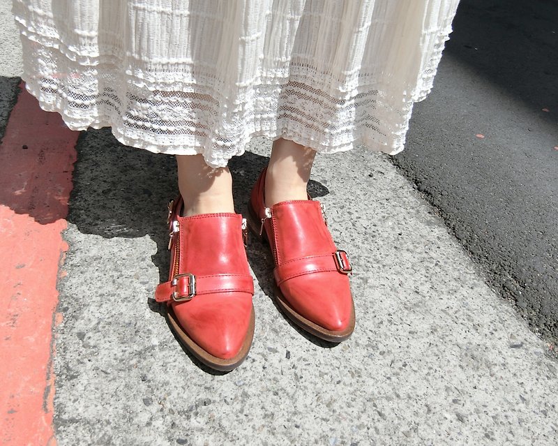 拉鍊孟克鞋 ||夏日音樂季臉紅紅 曬傷紅|| #8102 - 女款牛津鞋 - 真皮 紅色