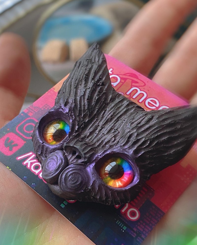Electric Rainbow Cat Brooch OOAK - Brooches - Other Materials Black