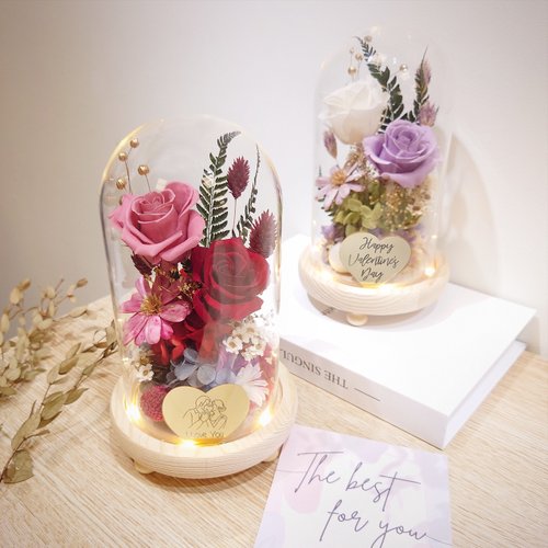 KIRA花藝 戀戀玫瑰 永生花LED玻璃罩夜燈 / 生日禮物 擺飾 交換禮物 玫瑰花