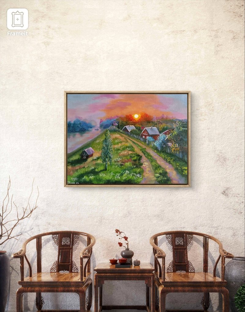 Painting Landscape Original Art Autumn Nature Evening Sunset Oil Painting - 牆貼/牆身裝飾 - 其他材質 多色