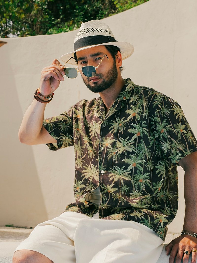 SOARIN美式復古巴領夏夷印花襯衫(2526C405) - 男襯衫/休閒襯衫 - 棉．麻 綠色