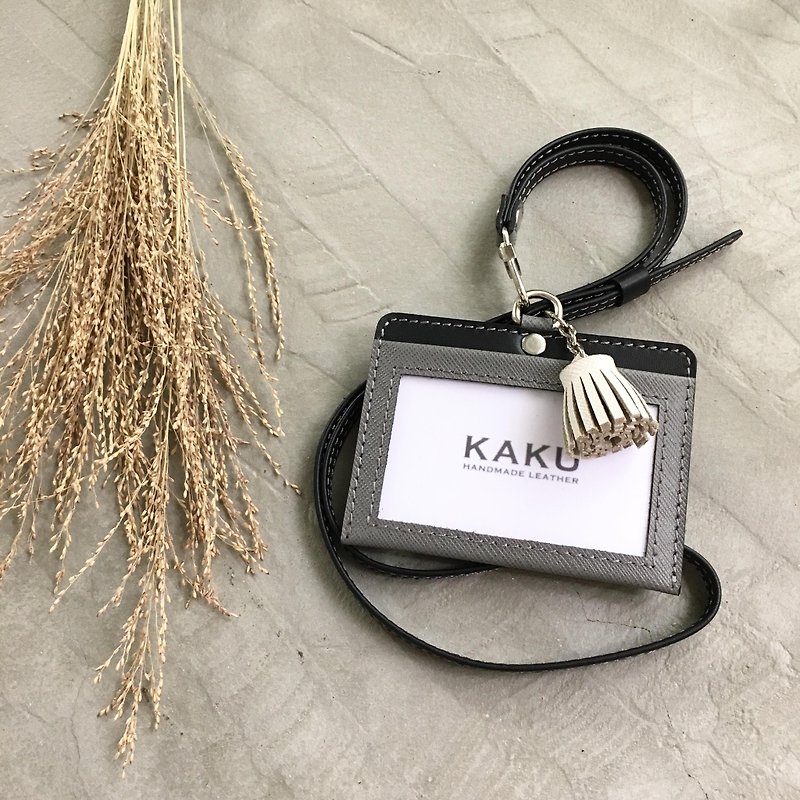 KAKU leather design customized identification card holder clip gray cross pattern + white small tassel - ที่ใส่บัตรคล้องคอ - หนังแท้ สีเทา