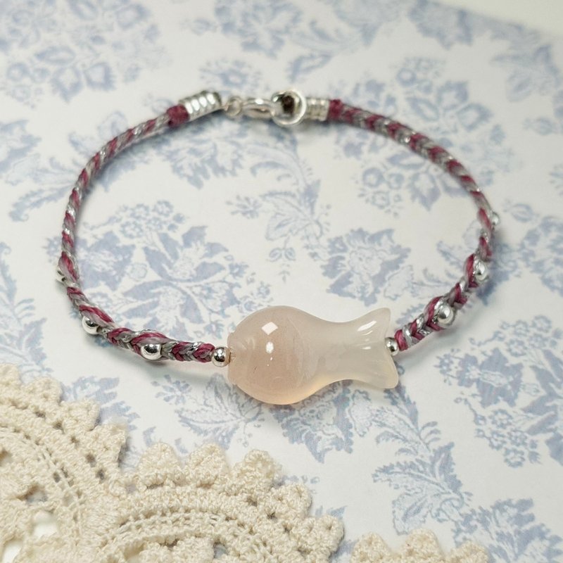 手鍊 緋紅瑪瑙 小魚 銀珠 925銀飾 手繩 蠟線 編織 寶石 - 手鍊/手環 - 寶石 