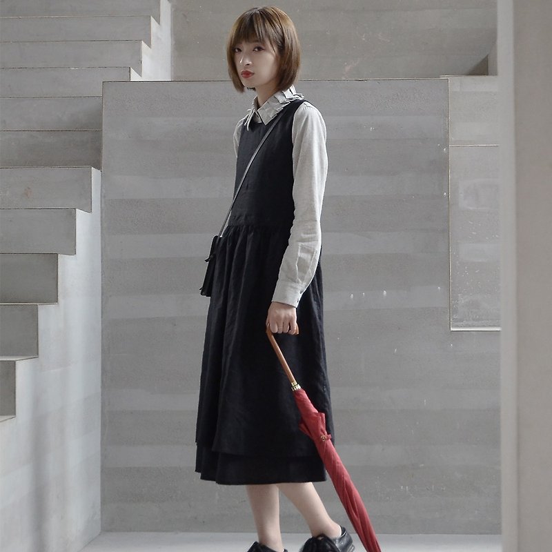 Black linen pleated double layer vest skirt | skirt | linen | independent brand | Sora-170 - Skirts - Cotton & Hemp Black