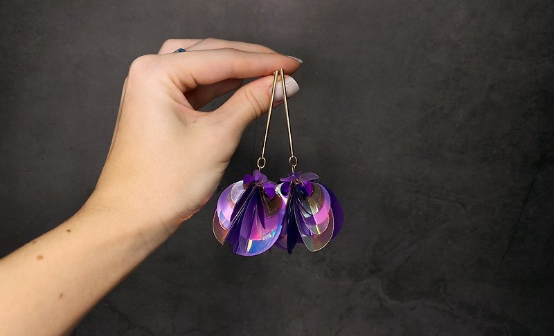 Purple flower earrings. Big flower earrings. Purple sequin earrings.